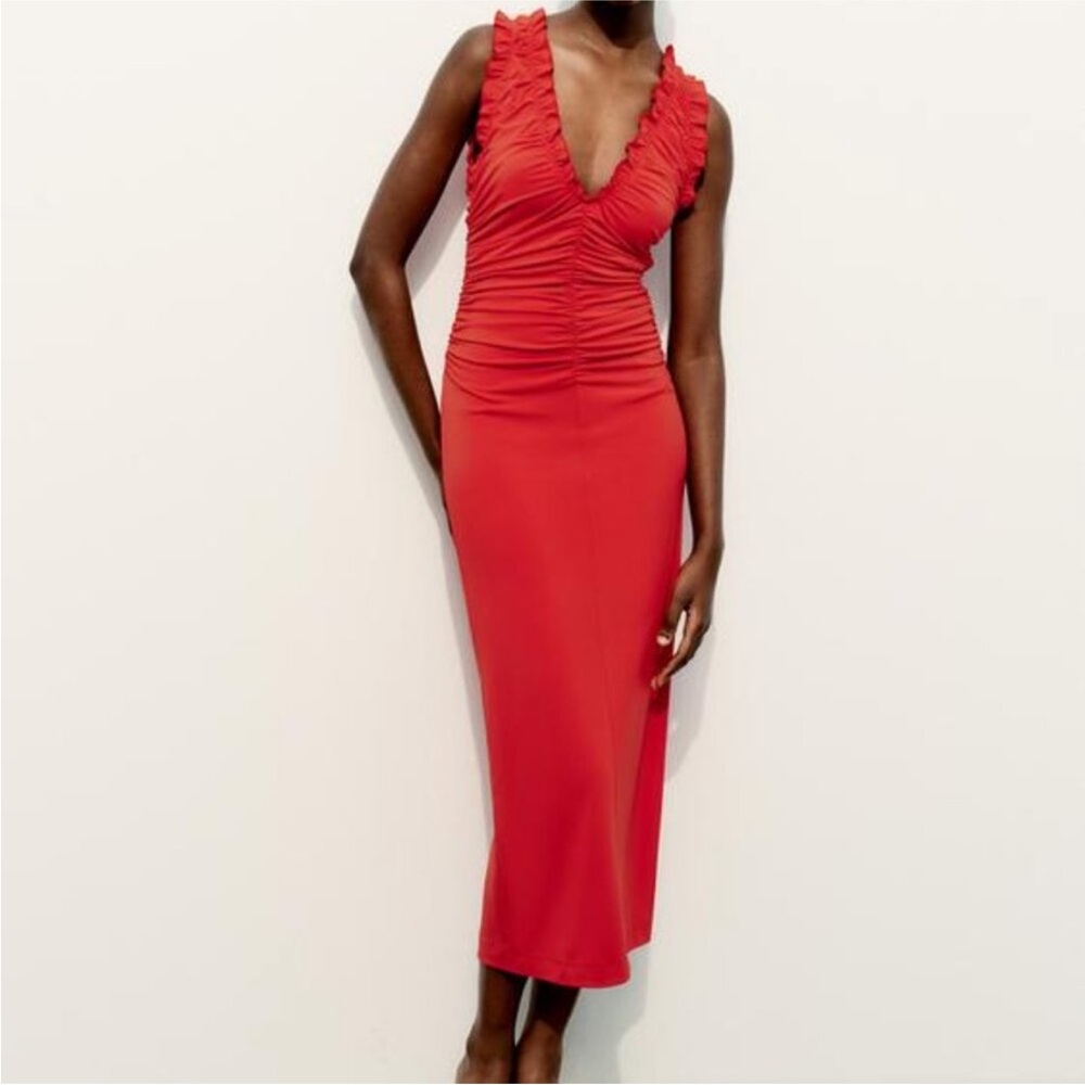 Zara Red Midi Dress Ruched